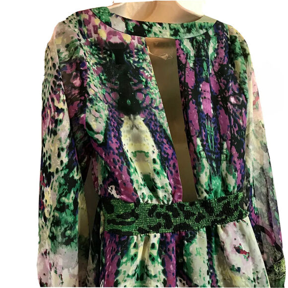 RAMPAGE Midi Dress Womens M Bold Sheer Mixed Animal Print Flair L/Sleeves Belted - Picture 11 of 11